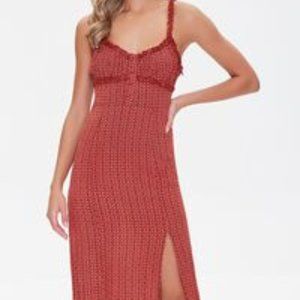 NWT Ornate Print Ruffle-Trim Slit Thigh Red Midi Dress Sz M
